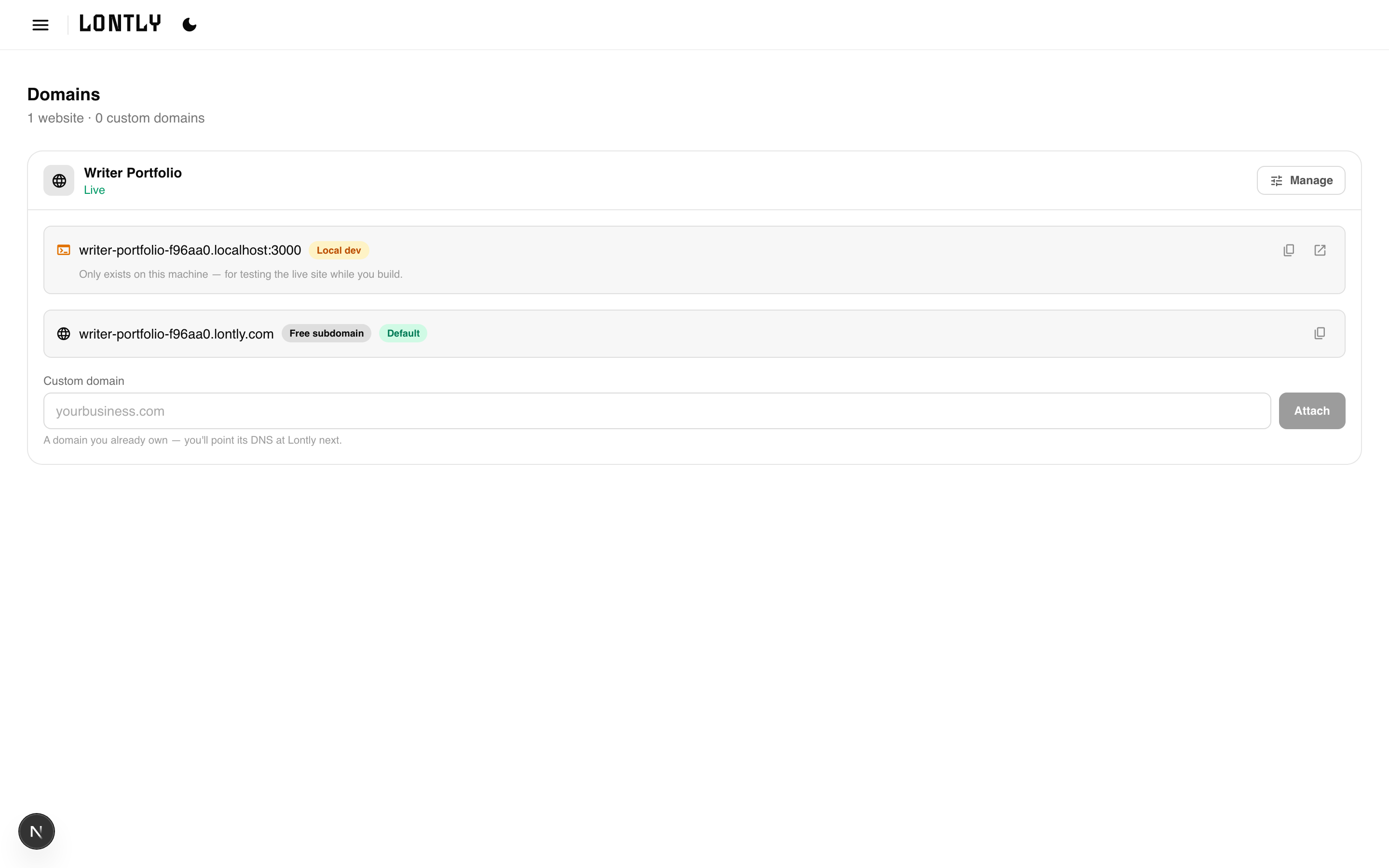 The Domains screen listing the site's addresses and their status