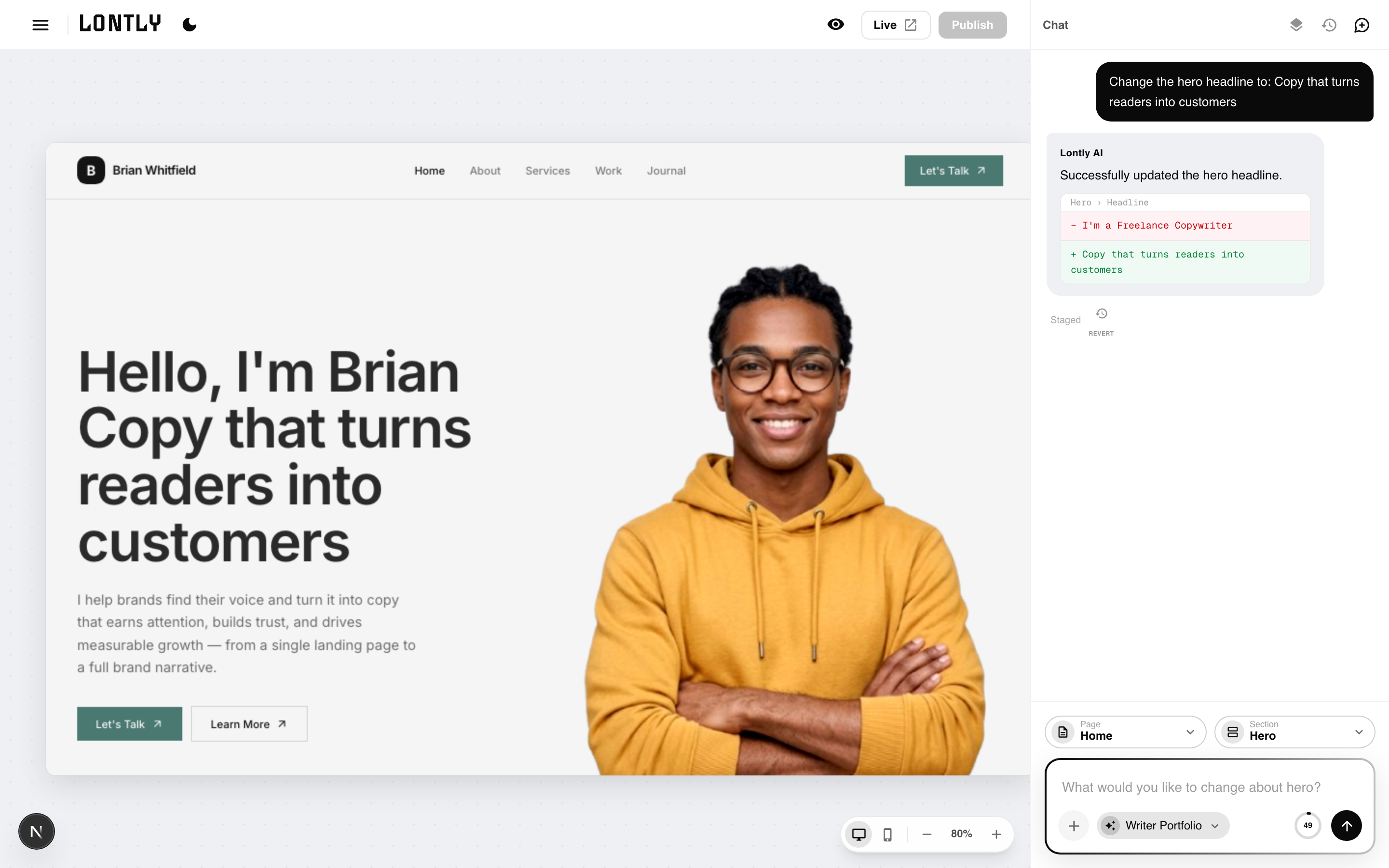 An AI edit showing the old headline struck through in red and the new one in green