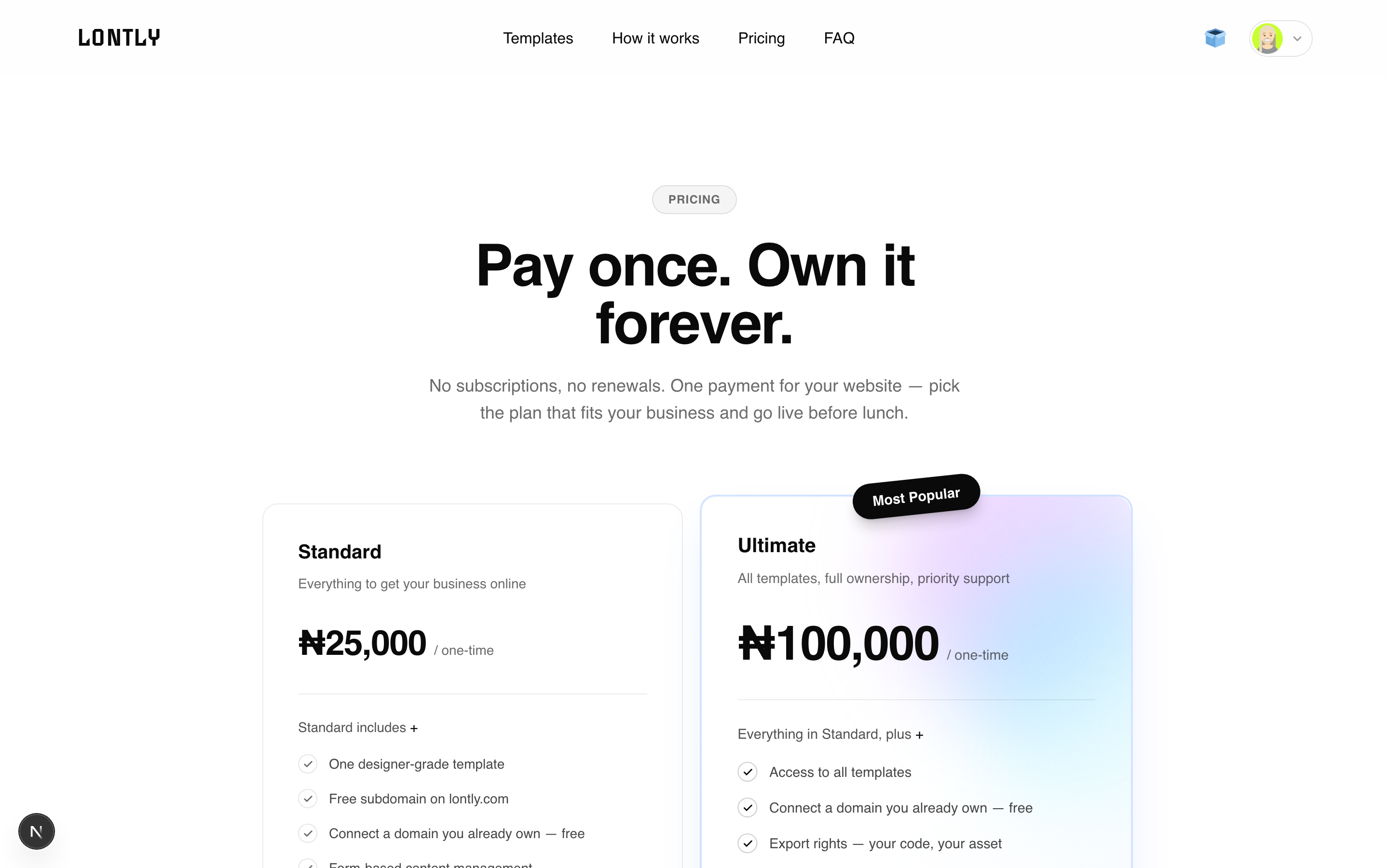 The Lontly pricing page