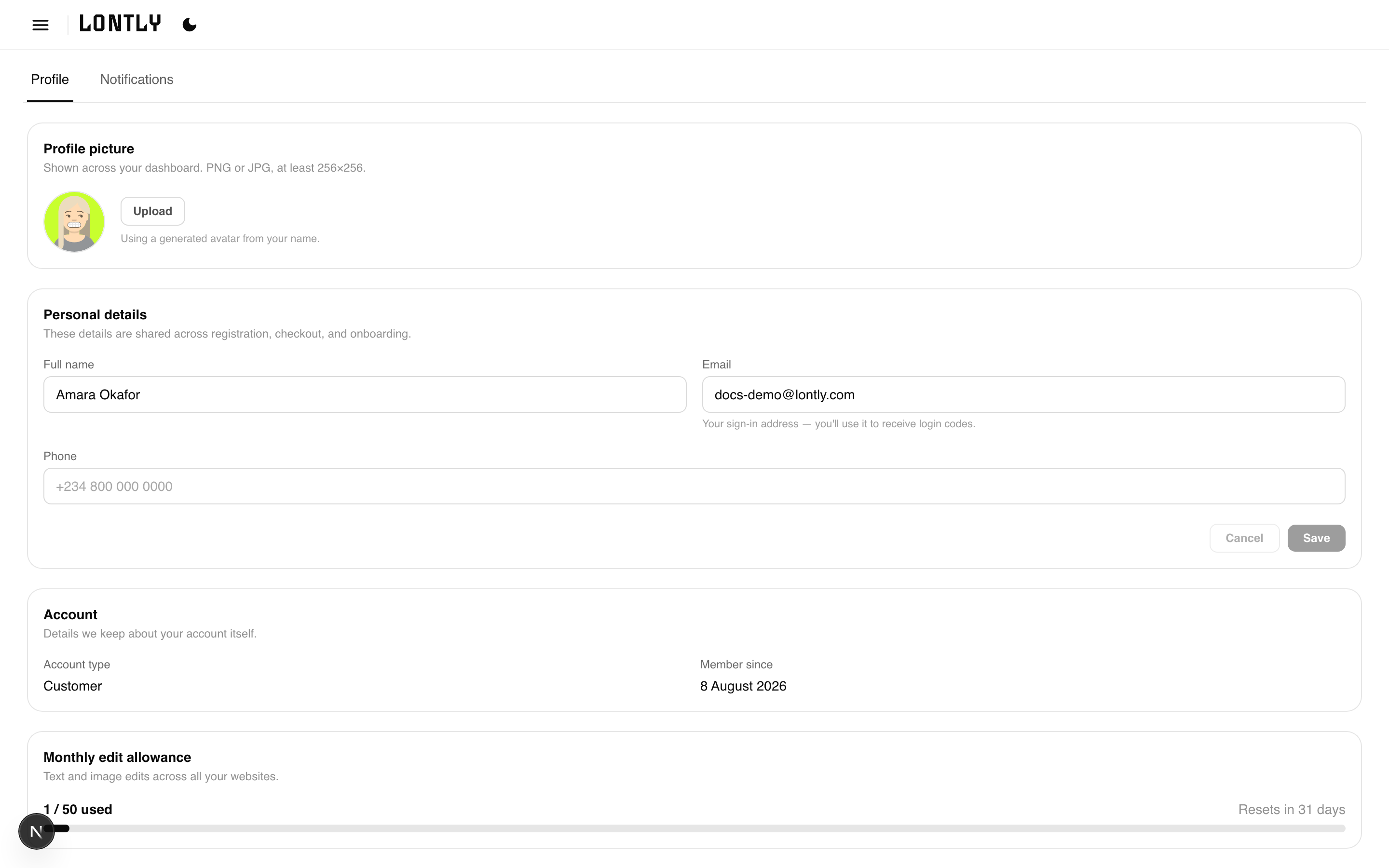 The billing settings screen showing the current edit allowance