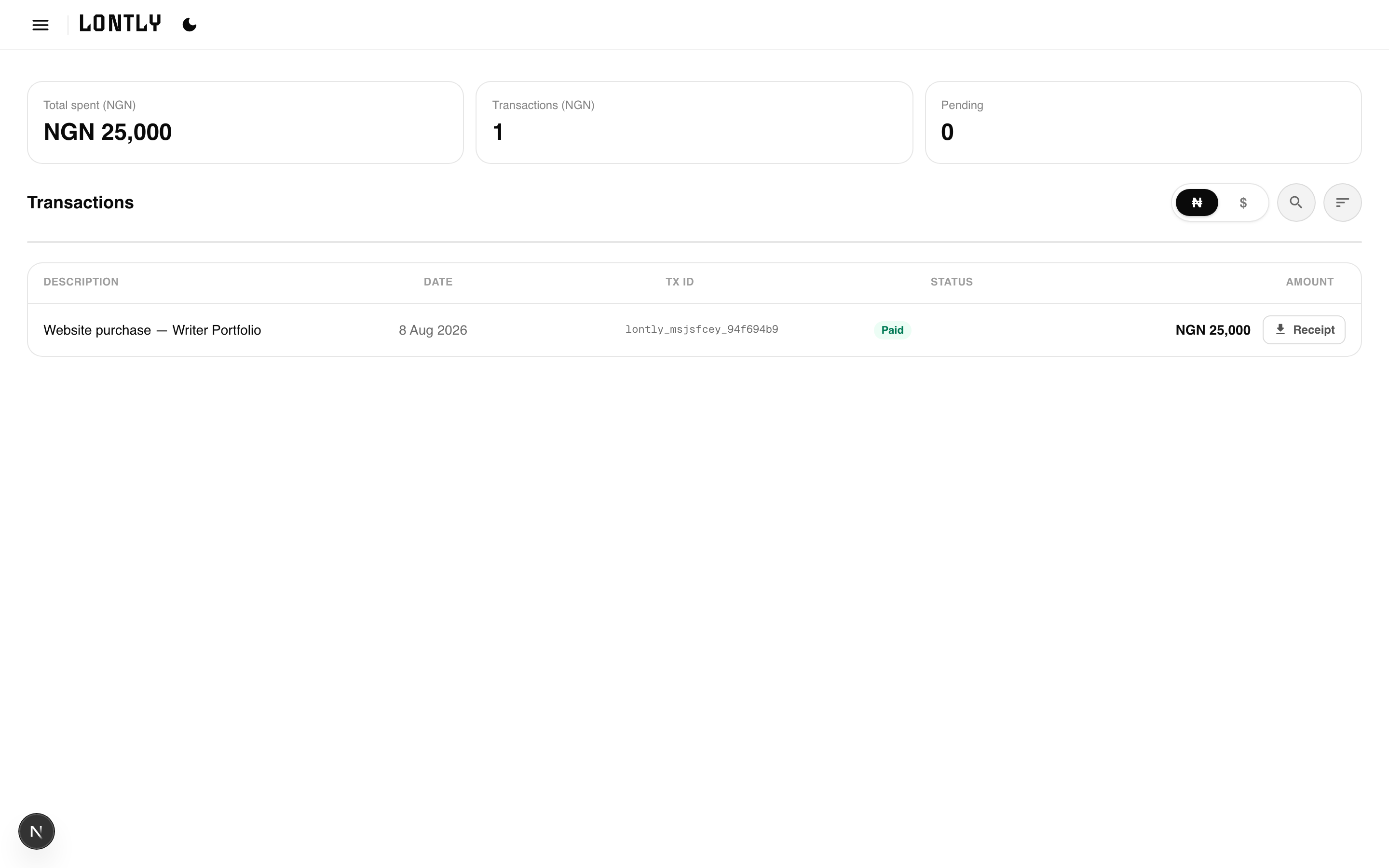 The Transactions screen listing payments with receipt downloads