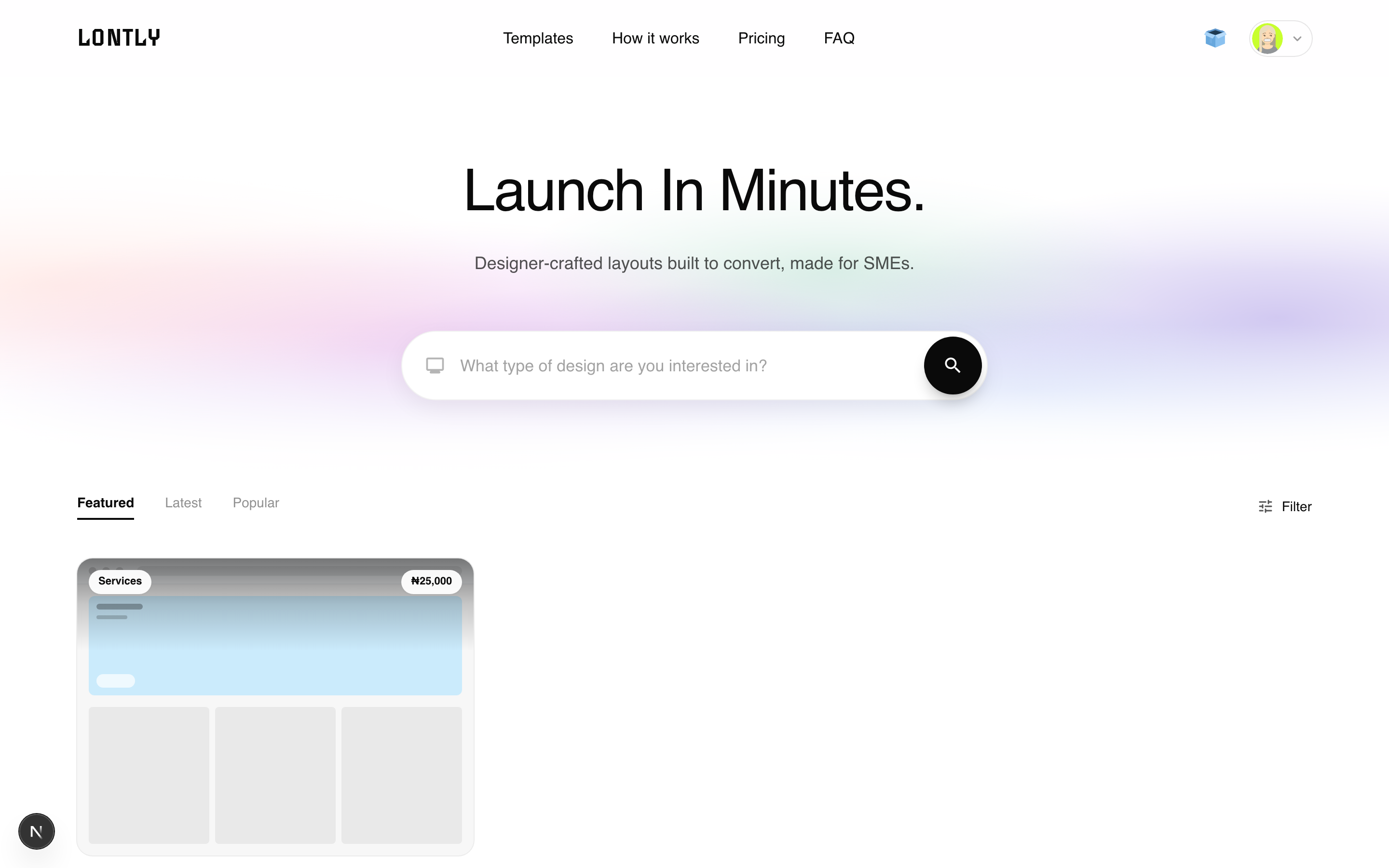 The Lontly template catalogue showing available website templates